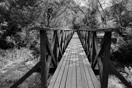 Black and white bridge photo, suspencion wooden bridge and shadows.の写真素材