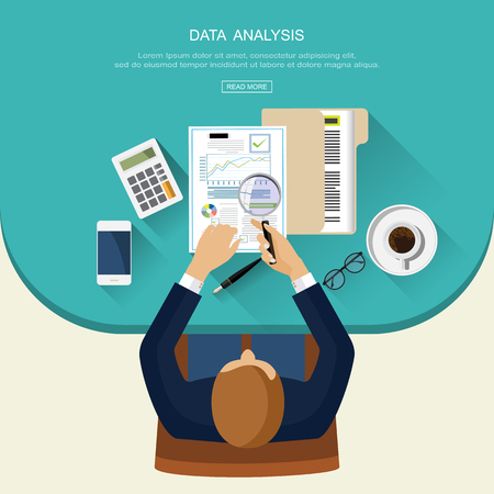 Flat design concepts for auditing . Auditor examination of financial report. Tax process. Research, project management, planning, accounting, analysis, data and investment. Vector for website banners.のイラスト素材