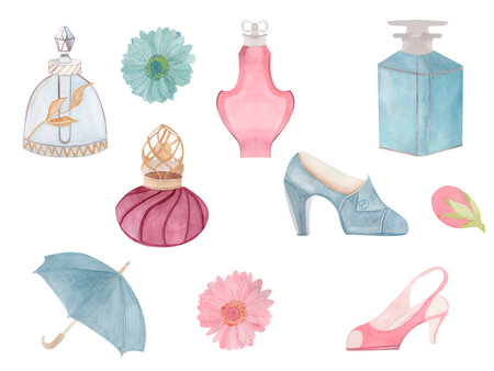 Set of different pink and blue perfume glass bottles, shoes and flowers, umbrella. Hand drawn watercolour illustration isolated on white background. Useful for posters, postcards, prints.の写真素材