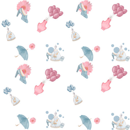 Watercolor seamless pattern with vintage bottle of blue and pink perfume bottle, shoe, macaron, umbrella, balloons on white background Perfect for scrapbooking, fashion, design, textile, other ideasの写真素材