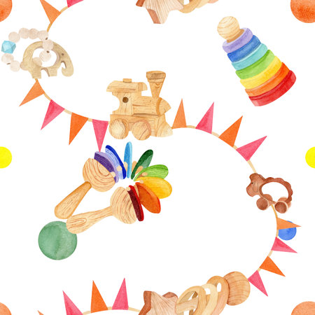 Watercolor seamless pattern with wooden toys: a pyramid, a sheep, an elephant, a rattle, a steam train. White color background. Useful for scrapbooking, printing, textiles prints and other ideasの写真素材