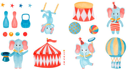 Watercolor childish collection circus: tent ,Cartoon elephants magician, The strong man, gymnastic, juggler, ,balloon, circus stand, balls, kettlebell. Performance. ideal for textile, fabricの写真素材