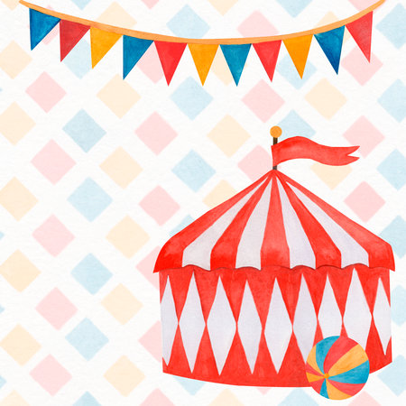 Watercolor illustration of a classic vintage circus tent with red and white stripes and a garland of flags. highlighted on a multicolored background. For childrens greeting cards, invitations.の写真素材