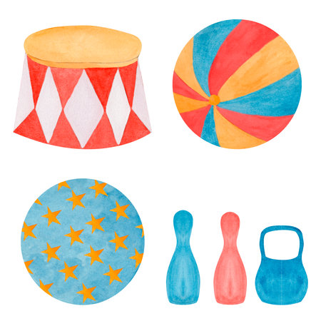 Cartoon set watercolor illustration skittles, circus stand, balls, and kettlebell. Hand drawn composition isolated from the background. Template for your design, childrens room.の写真素材