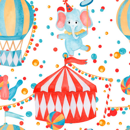 Seamless pattern watercolor hand drawn cartoon elephant juggler, tent, stars, balloon, kettlebell, circus podium on multicolor background. For childish fabric, wallpaper nursery, birthday cards,の写真素材