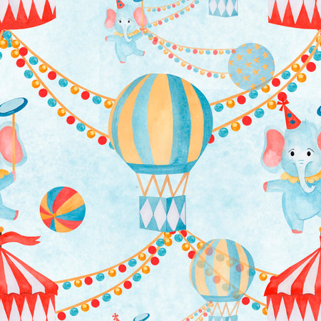 Watercolor seamless pattern hand drawn circus illustration featuring elephants, balloons and colorful decoration on blue backgrounds. For stationery designs, wallpaper nursery, invitations, scrapbookの写真素材