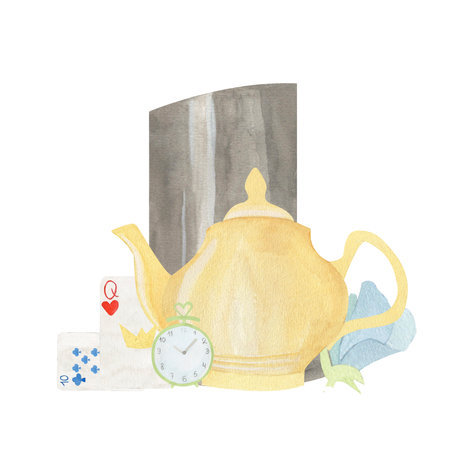 Watercolor illustration hand-drawn of a yellow teapot, top hat, clock, playing cards and blue flower. Composition isolated from the background. Ideal for tea party invitations, or children prints.の写真素材