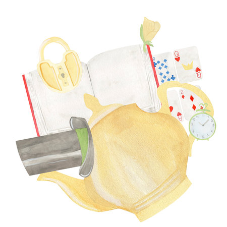 watercolor illustration a hand-drawn teapot, top hat, cards, book, clock, and padlock .Composition isolated from the background. Great for childrens stories, themed decor, or magical tea party invitesの写真素材