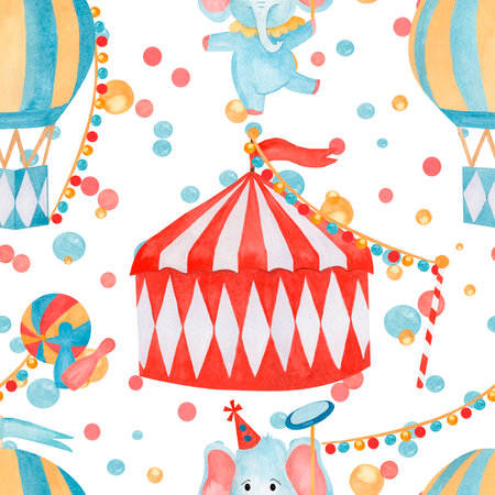 Watercolor hand drawn circus illustration featuring elephants, balloons, tents, and colorful decoration on white backgrounds. For kids party invitations, nursery decor, or playful stationery designsの写真素材