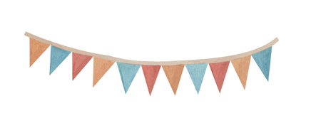 Bunting hanging garland Flag. Watercolor illustration of triangular garland in pastel colors. Drawing of pennants for Baby shower party greeting cards, wedding background and kids party.の写真素材