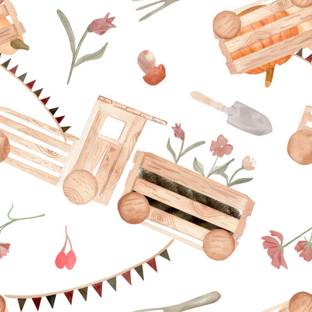 Watercolor garden-themed seamless pattern with a wooden crate train carrying flowers, bunting, shovel, trowel, bulbs, and blossoms. Ideal for children decor, gardening products, and spring printsの写真素材
