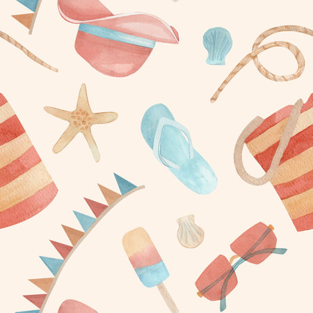 Seamless summer pattern with beach accessories, beach clothes and starfish. Watercolor hand drawn yellow color background. Ideal for, vacation promotions, fabric printing, packagingの写真素材