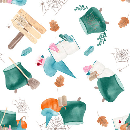 Watercolor seamless pattern with witch cauldrons, hats, potions and pumpkins . Hand drawn composition isolated from the background. For Halloween decor, wrapping paper, textiles, and stationeryの写真素材