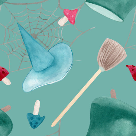 Watercolor seamless pattern witch cauldrons, hats, potions, broomstick and spiderweb. Hand drawn composition on blue background. Halloween decor, wrapping paper, textiles, and stationeryの写真素材