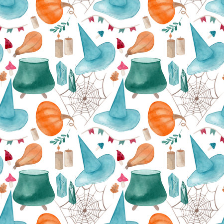 Watercolor seamless pattern with witch hats, cauldrons, mushrooms, potions, crystals, spider webs, pumpkins, composition isolated from the background. For Halloween wrapping paper, fabric, decorの写真素材