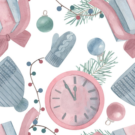 Watercolor hand drawn seamless pattern Christmas toys balls, gift, clock, knitted mitten and hat. For invitations, cards, posters, seasonal decor, winter holidays scrapbooking, New year wrapping paperの写真素材
