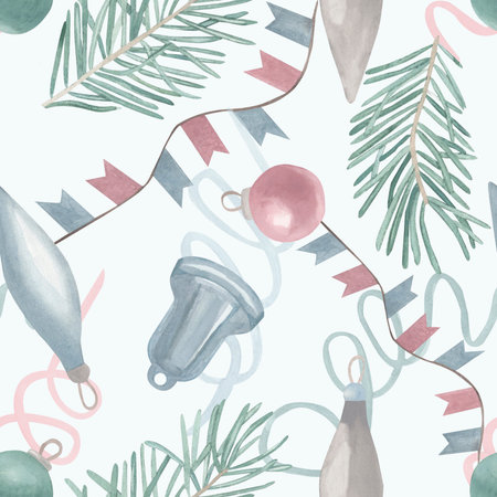 Watercolor hand drawn seamless pattern of Christmas toys balls, spruce branch, streamer tape and garland on a blue background. For invitations, cards, posters, seasonal decor, New year wrapping paperの写真素材