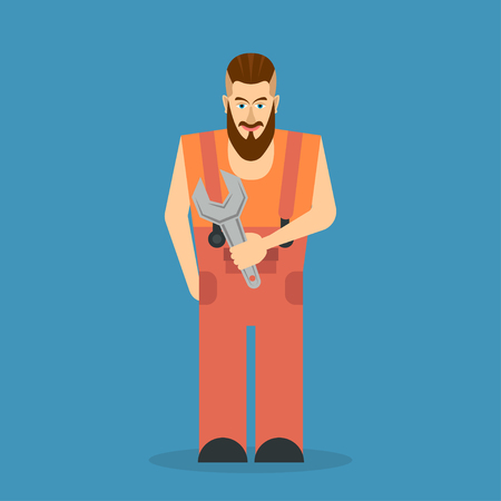A hipster repairman with a spanner in hand. Vector flat design illustration.のイラスト素材