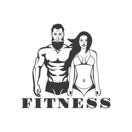 Man and woman of fitness vector vintage emblems, labels, badges and logos in monochrome style on white background.のイラスト素材