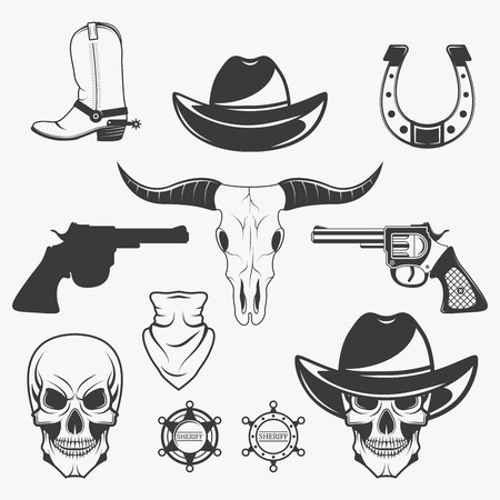 Set of wild west cowboy monochrome icons, design elements isolated on white background. Wild west and rodeo symbolsのイラスト素材