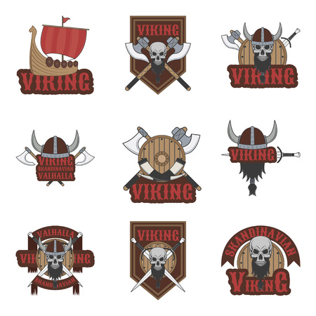 Viking set of vector emblems, labels, badges and logos on white backgroundのイラスト素材