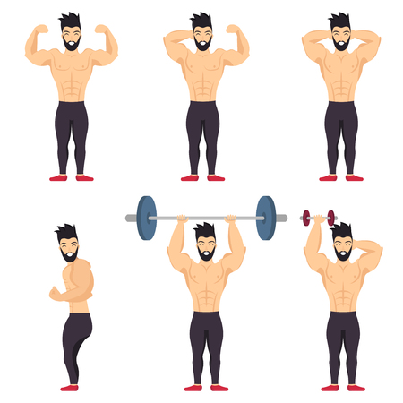 Positive bodybuilder posing icon set on white background. Body positive people.のイラスト素材