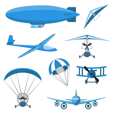 Aircrafts icons set on white background. Parachute, airship, Hang-glider, airplane, Trike, glider, Paraplane.のイラスト素材