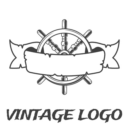 Vintage ribbon and handwheel emblem. Pirate logo in monochrome vintage style.のイラスト素材