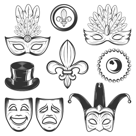 Set of vintage Mardi Gras decorating elements in monochrome styleのイラスト素材