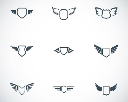 Vector black shield icons set on white backgroundのイラスト素材