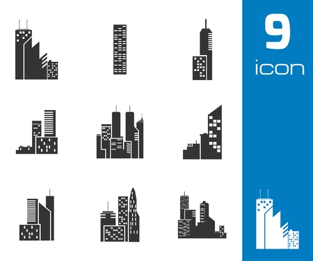 Vector black building icons set white backgroundのイラスト素材