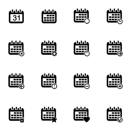 Vector black calendar icons set on white backgroundのイラスト素材