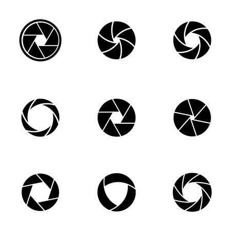 Vector black camera shutter icons set on white backgroundのイラスト素材