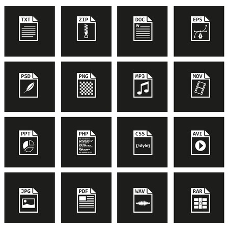 Vector black file type icon set on black backgroundのイラスト素材