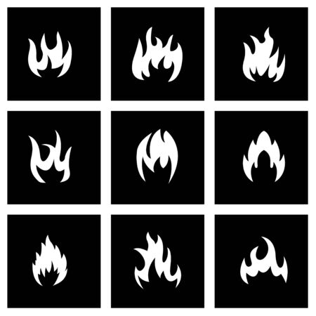 Vector black fire icon set on black backgroundのイラスト素材