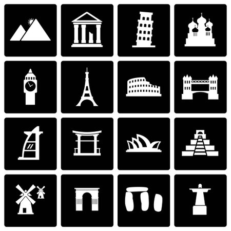 Vector black landmarks icon set on black backgroundのイラスト素材