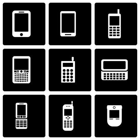 Vector black mobile phone icon set on black backgroundのイラスト素材
