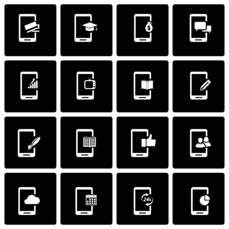 Vector black mobile icon set on black backgroundのイラスト素材