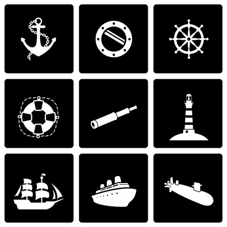Vector black nautical icon set on black backgroundのイラスト素材
