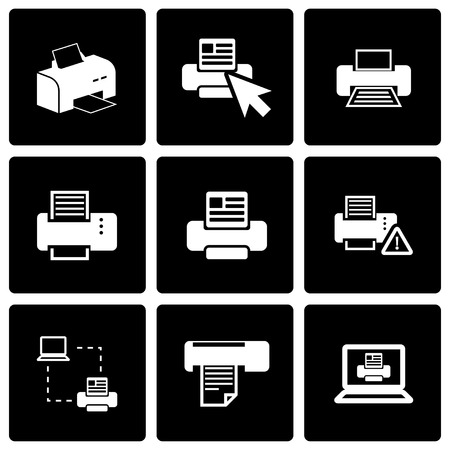 Vector black printer icon set on black backgroundのイラスト素材