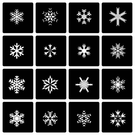 Vector black snowflake icon set on black backgroundのイラスト素材