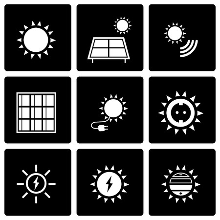 Vector black solar energy icon set on black backgroundのイラスト素材