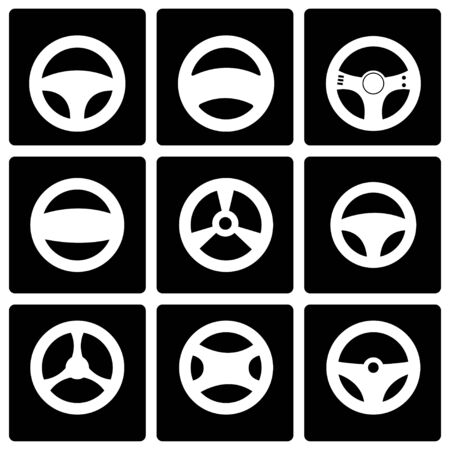 Vector black steering wheels icon set on black backgroundのイラスト素材