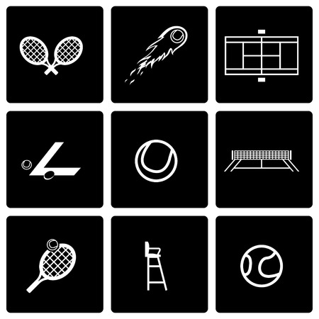 Vector black tennis icon set on black backgroundのイラスト素材