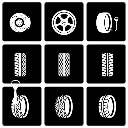 Vector black tire icon set on black backgroundのイラスト素材