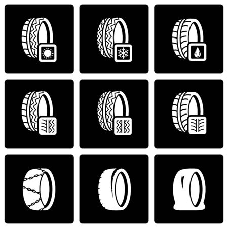 Vector black tire icon set on black backgroundのイラスト素材