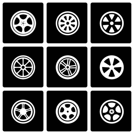 Vector black wheel icon set on black backgroundのイラスト素材