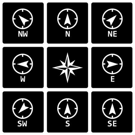 Vector black wind rose icon set on black backgroundのイラスト素材