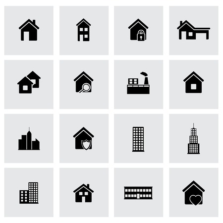 Vector black buildings icons set on grey backgroundのイラスト素材