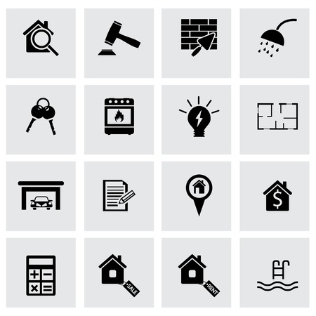 Vector black real estate icons set on grey backgroundのイラスト素材